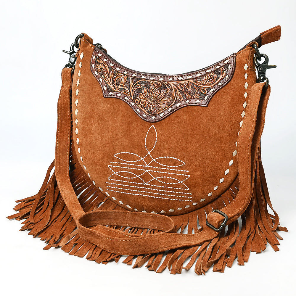 ADBG1663 Crescent Tan Genuine suede Crossbody Bag with Fringe and Tooled Leather Yoke
