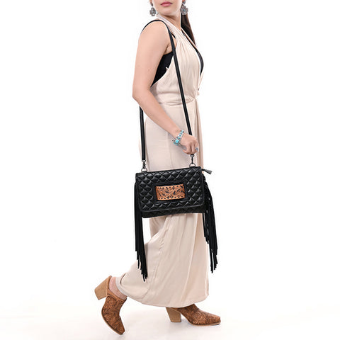 Black Quilted Leather Crossbody Bag with Fringe and Hand-Tooled Panel American Darling