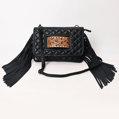 Black Quilted Leather Crossbody Bag with Fringe and Hand-Tooled Panel American Darling