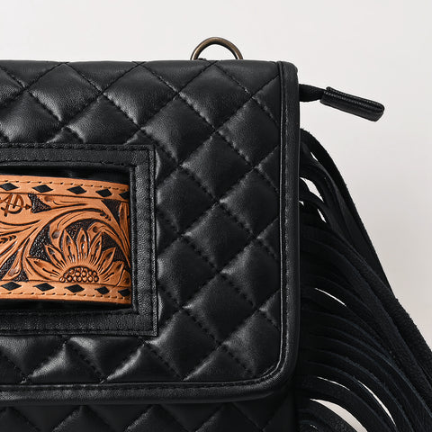 Black Quilted Leather Crossbody Bag with Fringe and Hand-Tooled Panel American Darling