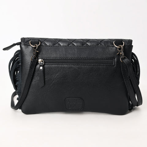 Black Quilted Leather Crossbody Bag with Fringe and Hand-Tooled Panel American Darling
