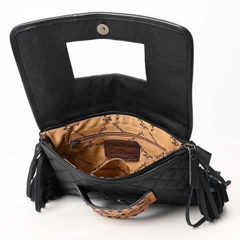 Black Quilted Leather Crossbody Bag with Fringe and Hand-Tooled Panel American Darling