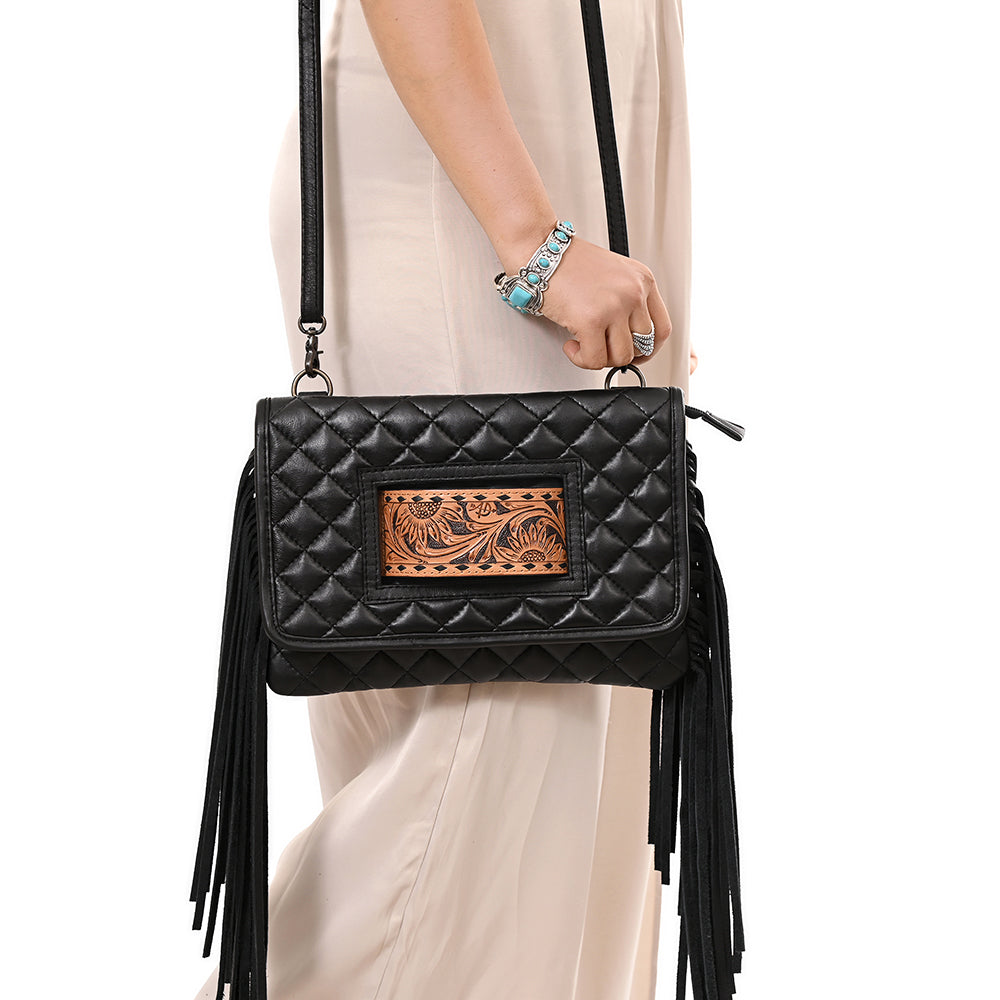 ADBG1665 Black Quilted Wallet Bag with Tooled Leather Patch & Fringe