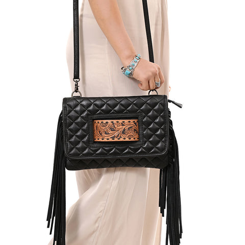 Black Quilted Leather Crossbody Bag with Fringe and Hand-Tooled Panel American Darling