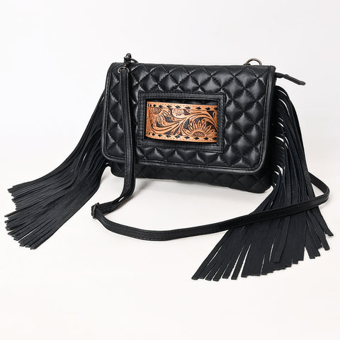 Black Quilted Leather Crossbody Bag with Fringe and Hand-Tooled Panel American Darling