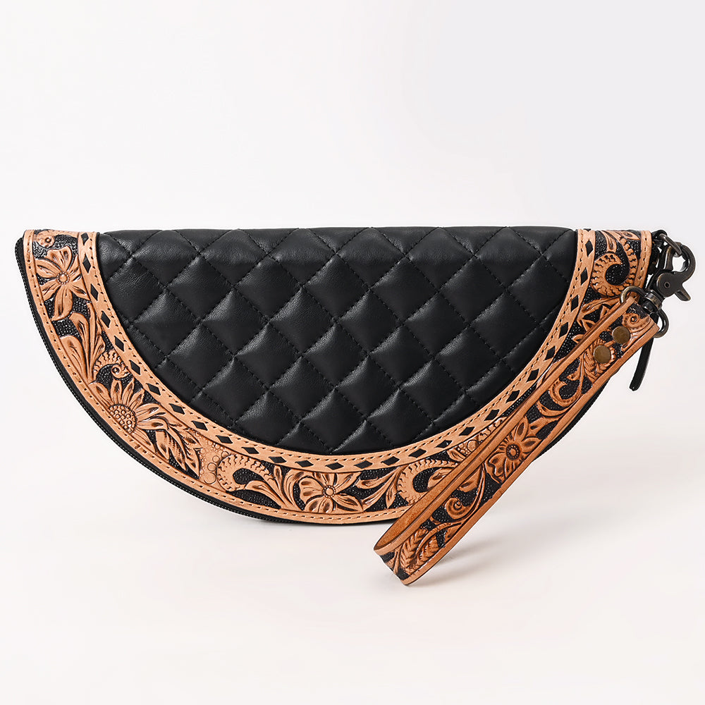 ADBG1666 Black Quilted Half-Moon Taco with Tooled Leather Trim