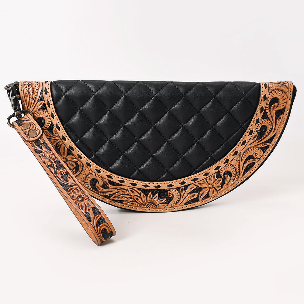 ADBG1666 Black Quilted Half-Moon Taco with Tooled Leather Trim