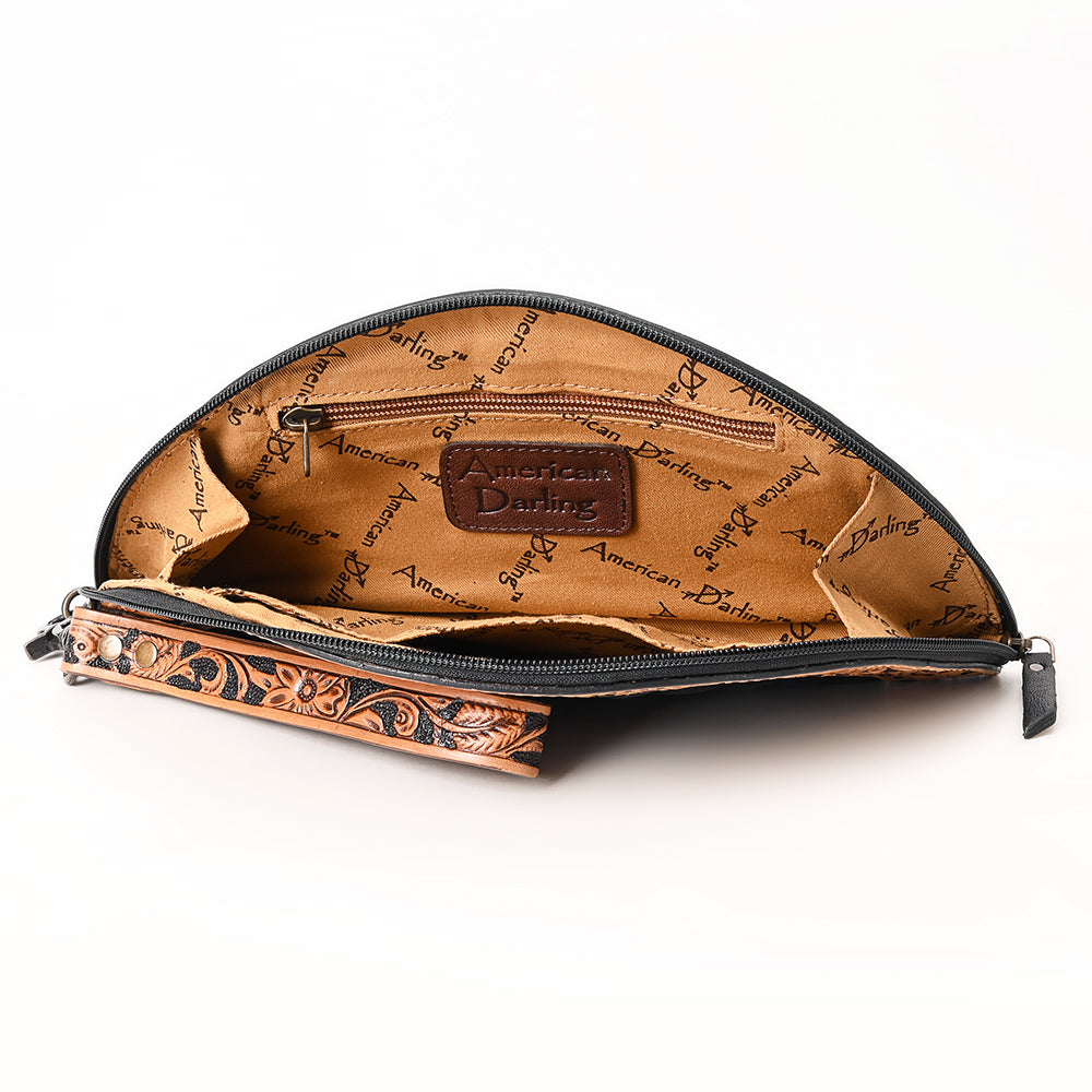 ADBG1666 Black Quilted Half-Moon Taco with Tooled Leather Trim