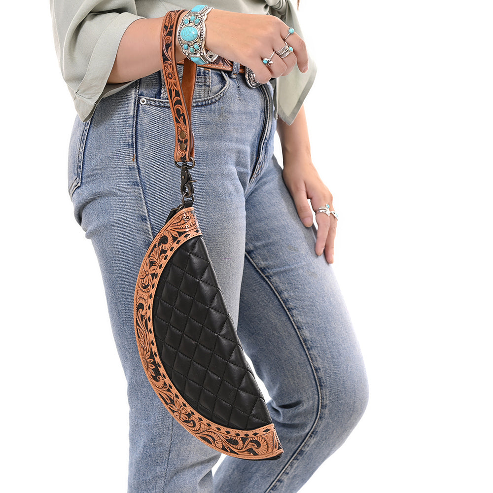 ADBG1666 Black Quilted Half-Moon Taco with Tooled Leather Trim
