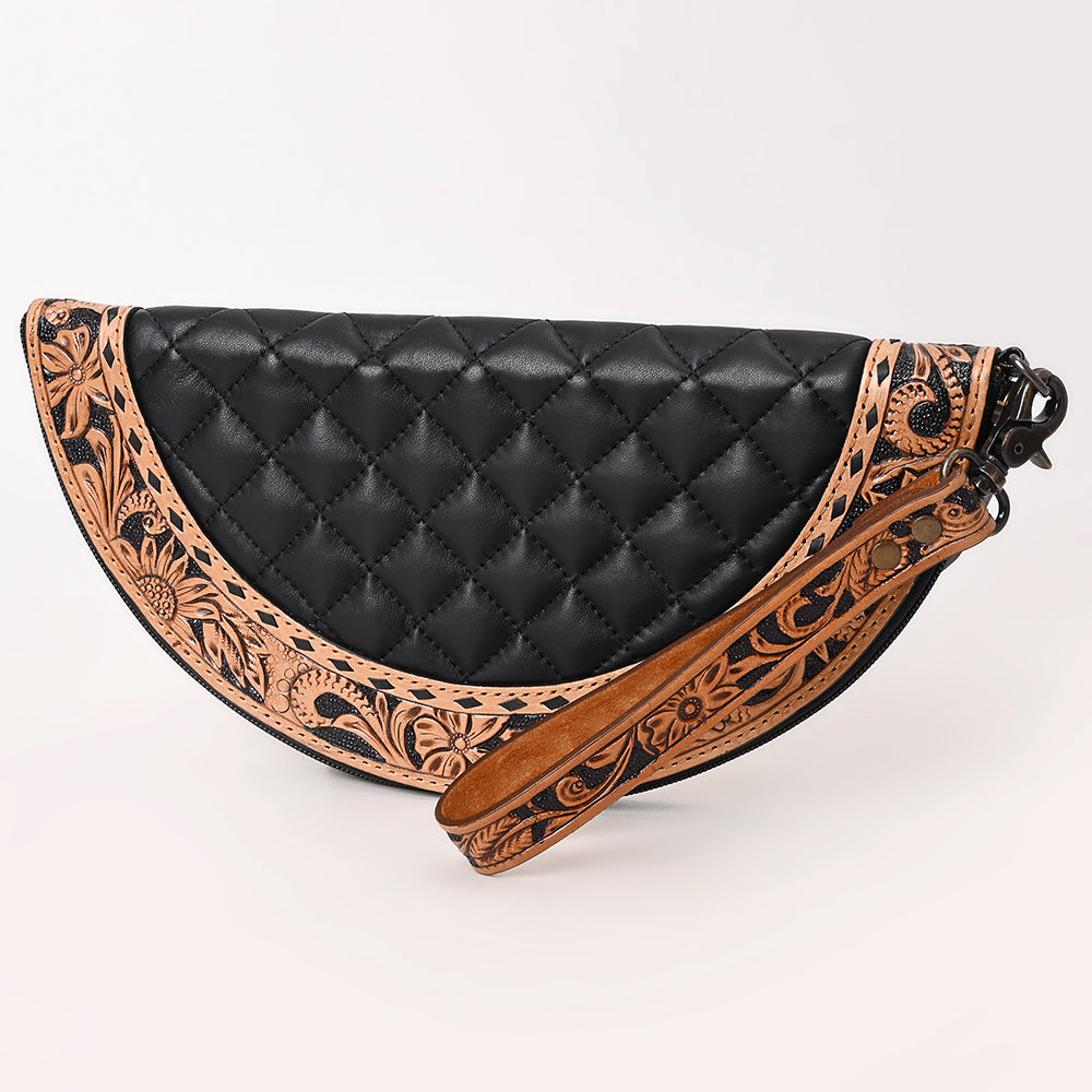 ADBG1666 Black Quilted Half-Moon Taco with Tooled Leather Trim