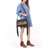 ADBG1668 Black Quilted Fringe Crossbody Bag with Tooled Leather Floral Panel