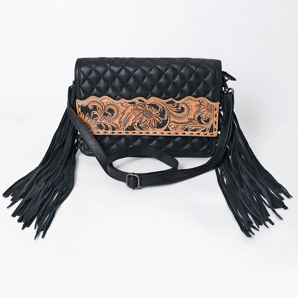 ADBG1668 Black Quilted Fringe Crossbody Bag with Tooled Leather Floral Panel
