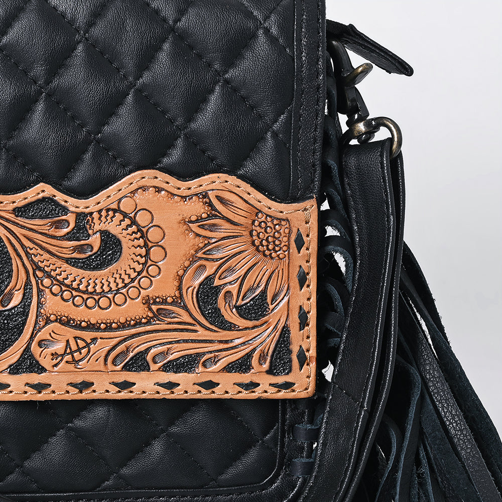 ADBG1668 Black Quilted Fringe Crossbody Bag with Tooled Leather Floral Panel