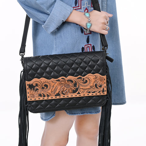 American Darling Hand-Tooled Floral Western Leather Crossbody Bag with Fringe