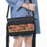 ADBG1668 Black Quilted Fringe Crossbody Bag with Tooled Leather Floral Panel