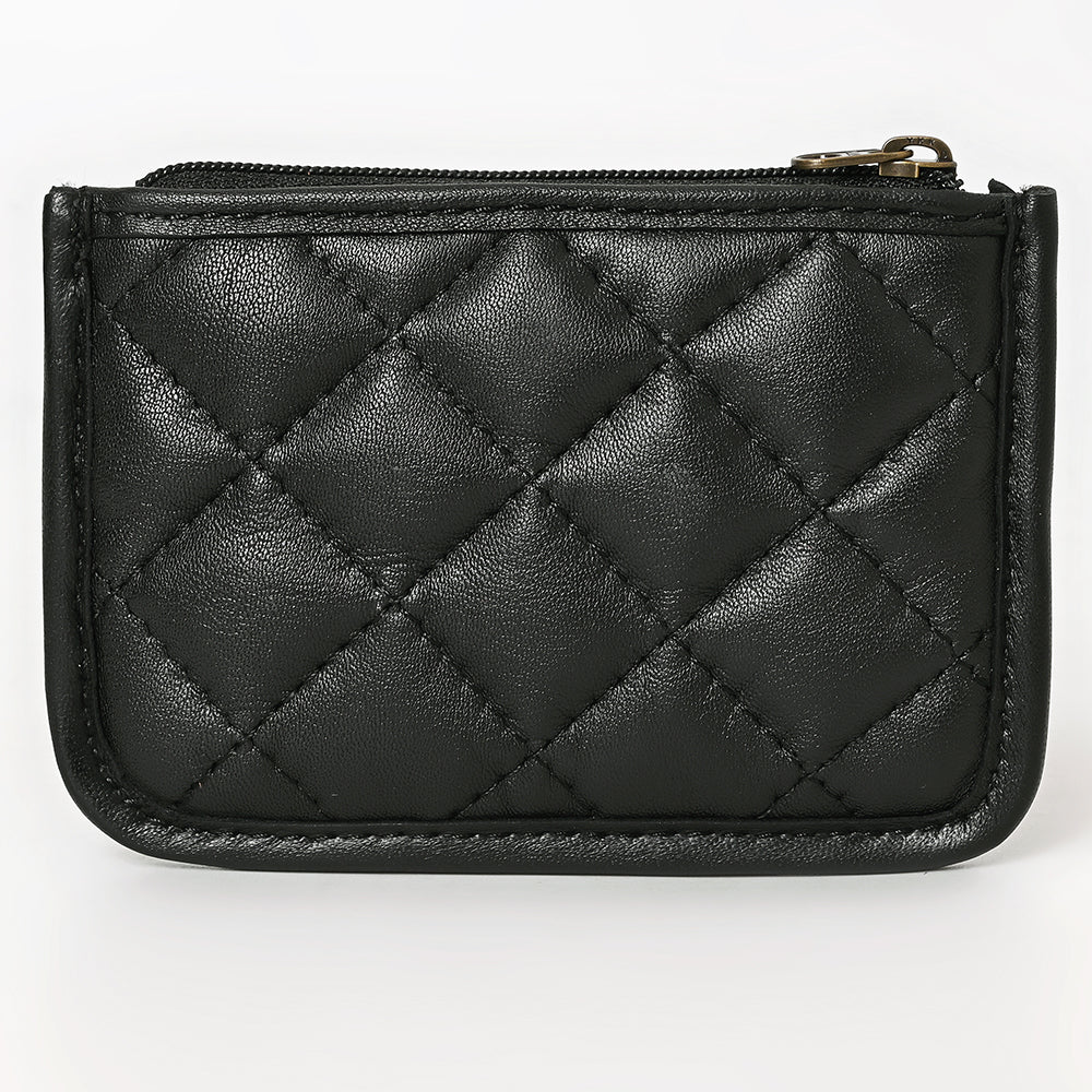 ADBG1669 Black Quilted Leather Coin Pouch with Tooled Leather Floral Trim