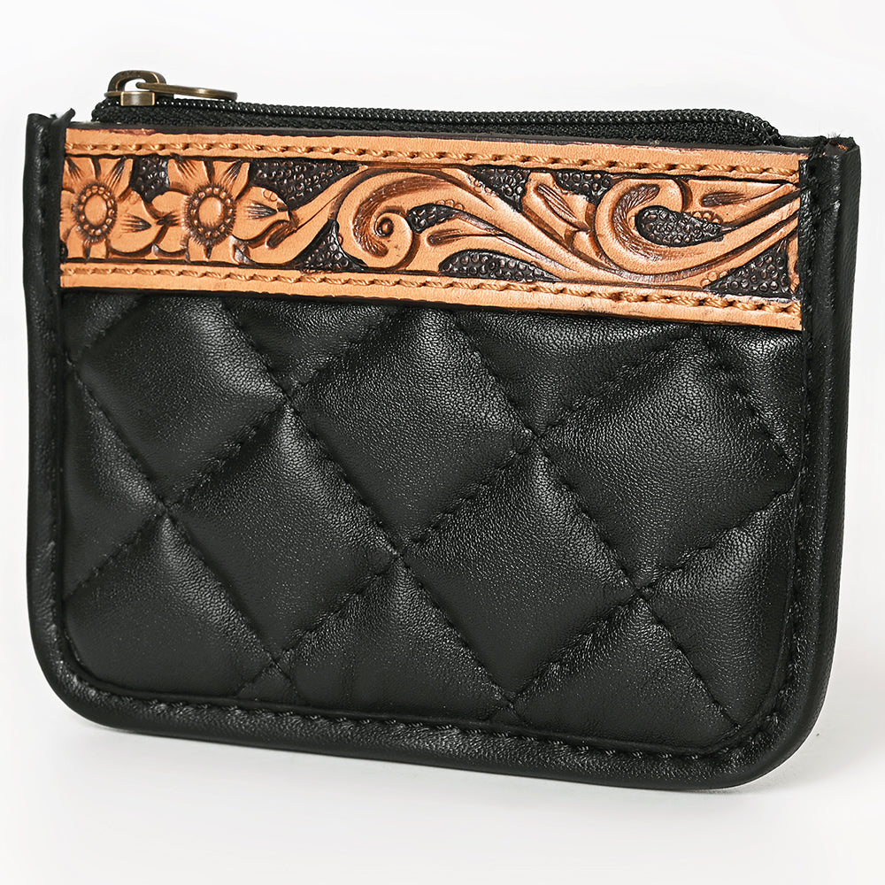 ADBG1669 Black Quilted Leather Coin Pouch with Tooled Leather Floral Trim