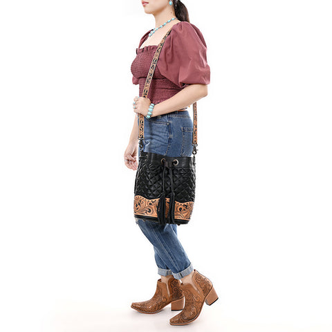 American Darling Hand-Tooled Floral Western Leather Bucket Bag - Quilted Tassels