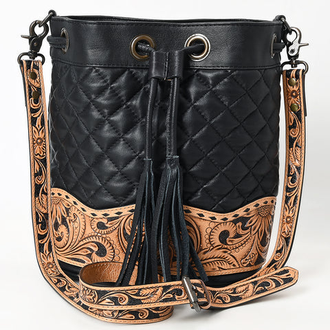 American Darling Hand-Tooled Floral Western Leather Bucket Bag - Quilted Tassels