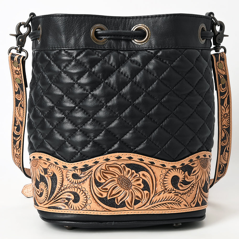 ADBG1670 Black Quilted Leather Bucket Bag with Tooled Floral Leather Trim