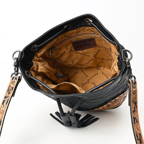 American Darling Hand-Tooled Floral Western Leather Bucket Bag - Quilted Tassels