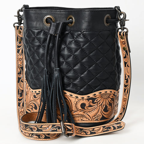 American Darling Hand-Tooled Floral Western Leather Bucket Bag - Quilted Tassels