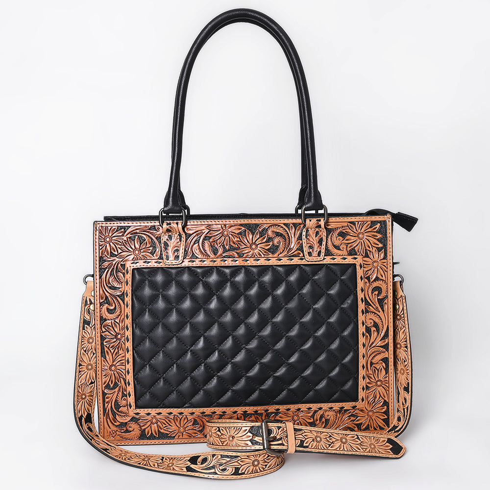 ADBG1671 Tooled Leather Black Quilted Western Tote Bag with Floral Strap - American Darling