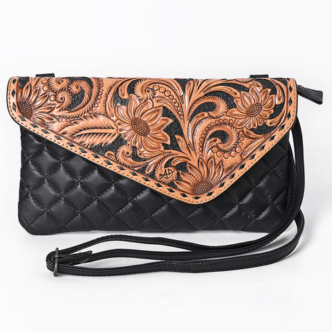 American Darling Black Western Crossbody Bag - Hand Tooled Floral Flap & Quilted Leather