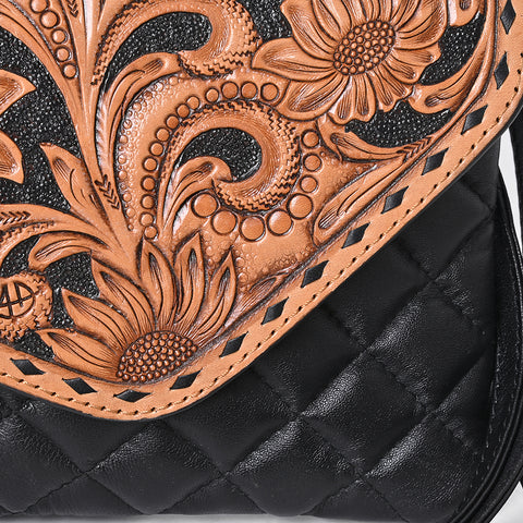 American Darling Black Western Crossbody Bag - Hand Tooled Floral Flap & Quilted Leather