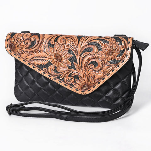 American Darling Black Western Crossbody Bag - Hand Tooled Floral Flap & Quilted Leather