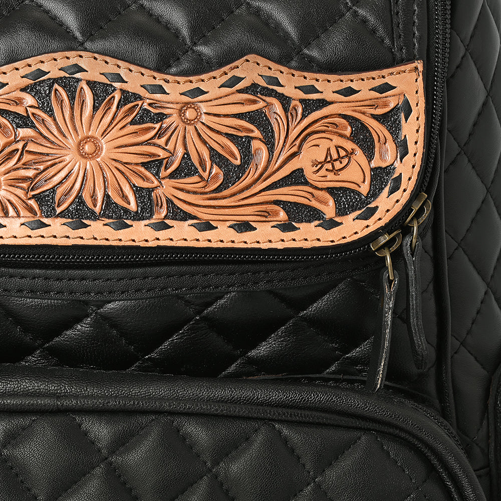 ADBG1674 Black Quilted Leather Backpack with Floral Tooled Accents - American Darling