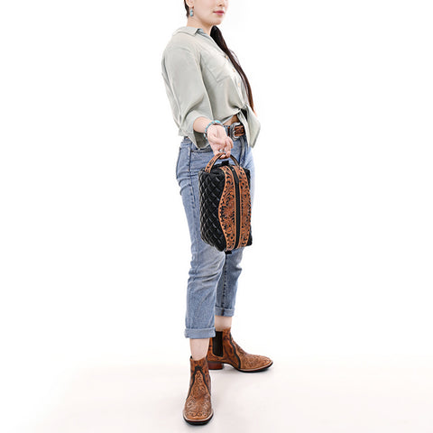 American Darling Black Western Toiletry Bag with Hand Tooled Floral Carving and Quilted Leather