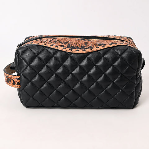American Darling Black Western Toiletry Bag with Hand Tooled Floral Carving and Quilted Leather
