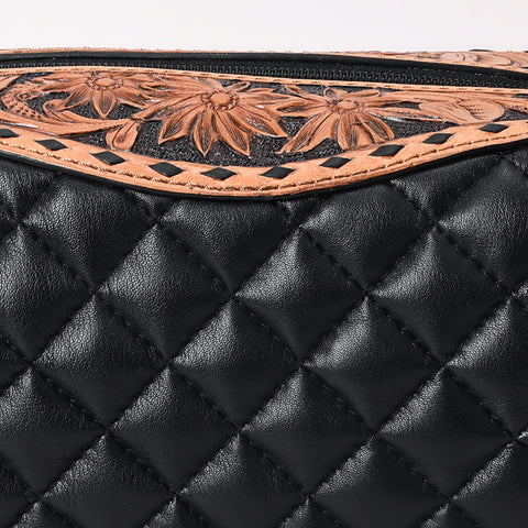 American Darling Black Western Toiletry Bag with Hand Tooled Floral Carving and Quilted Leather