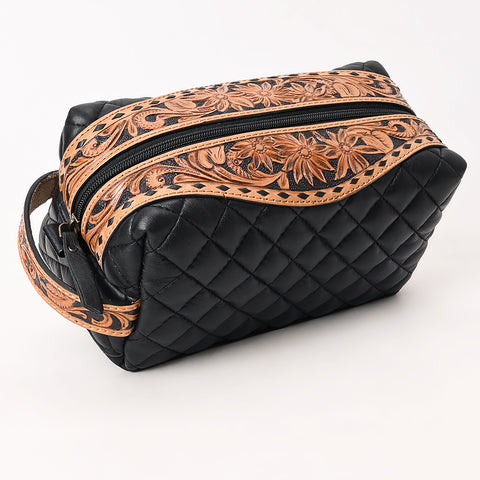 American Darling Black Western Toiletry Bag with Hand Tooled Floral Carving and Quilted Leather