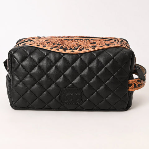 American Darling Black Western Toiletry Bag with Hand Tooled Floral Carving and Quilted Leather