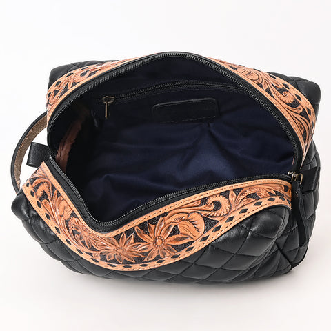 American Darling Black Western Toiletry Bag with Hand Tooled Floral Carving and Quilted Leather