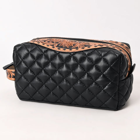 American Darling Black Western Toiletry Bag with Hand Tooled Floral Carving and Quilted Leather