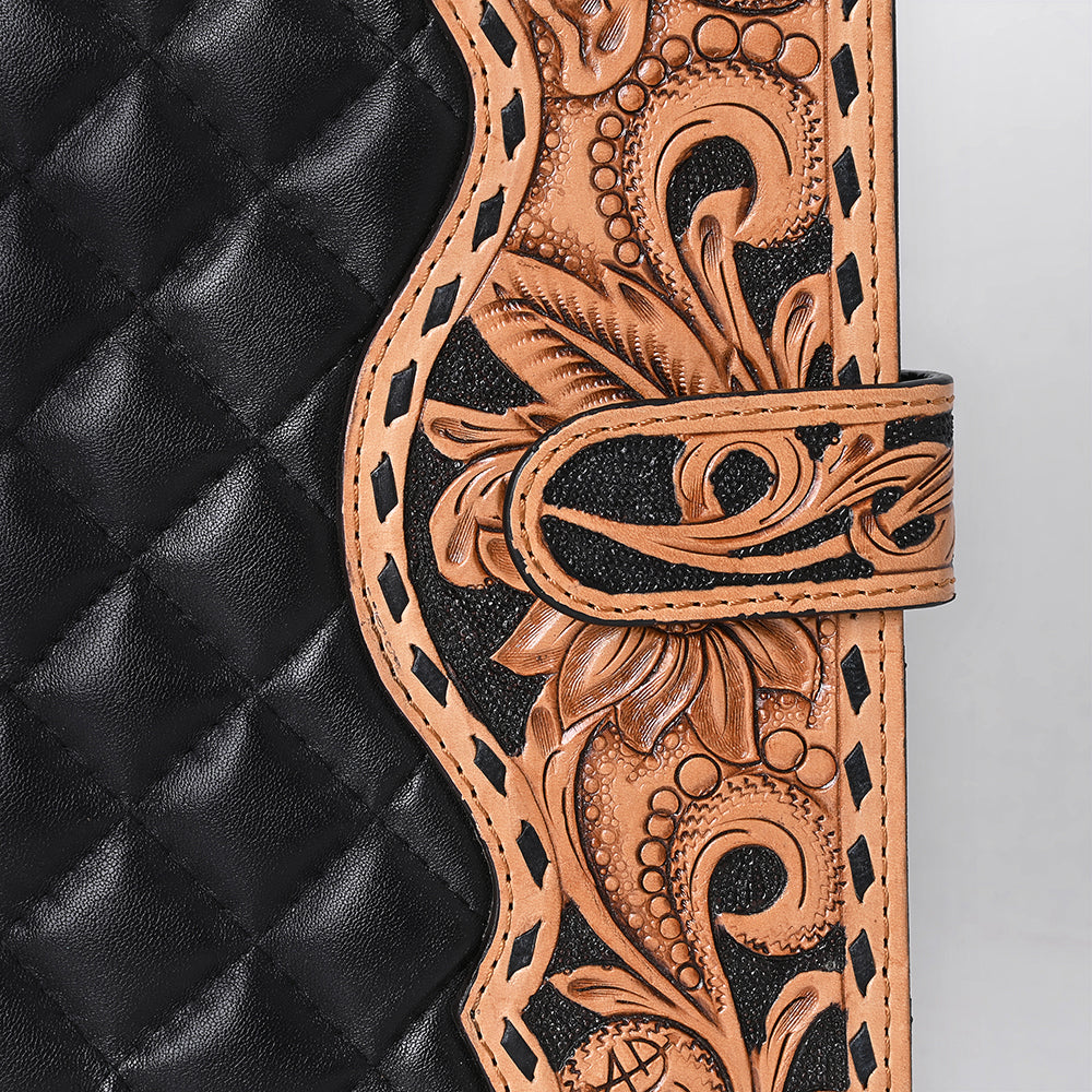 ADBG1676 Black Quilted Leather Journal Cover with Tooled Floral Edge - American Darling