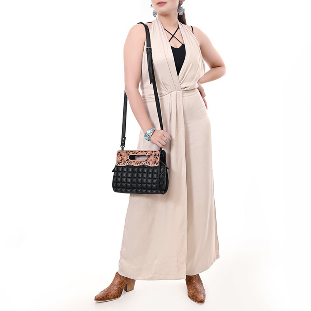 ADBG1677 Black Quilted Leather Cut-Out Clutch Bag with Floral Tooled Top - American Darling