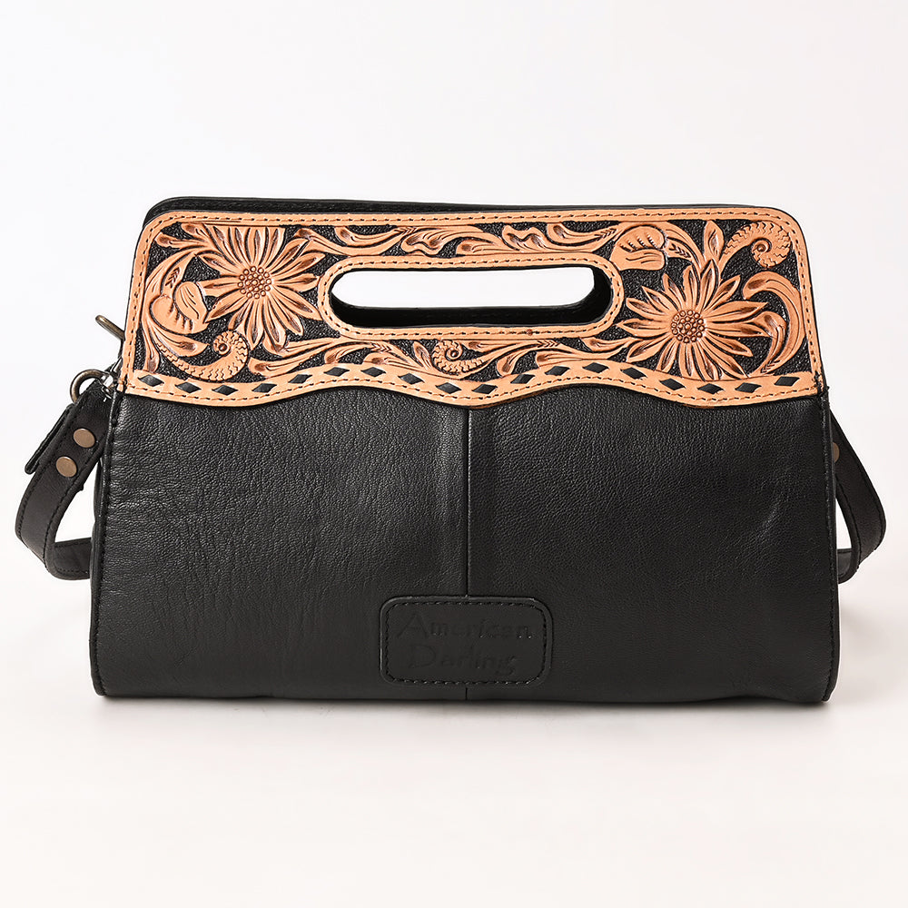 ADBG1677 Black Quilted Leather Cut-Out Clutch Bag with Floral Tooled Top - American Darling