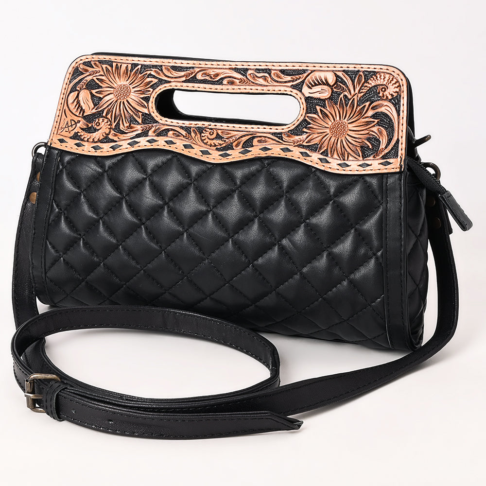 ADBG1677 Black Quilted Leather Cut-Out Clutch Bag with Floral Tooled Top - American Darling