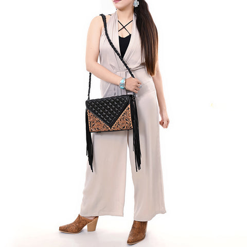 American Darling Hand-Tooled Western Leather Crossbody Bag with Fringe & Floral Carving
