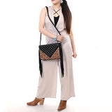 ADBG1678 Black Quilted Leather Fringe Wallet with Tooled Corners - American Darling