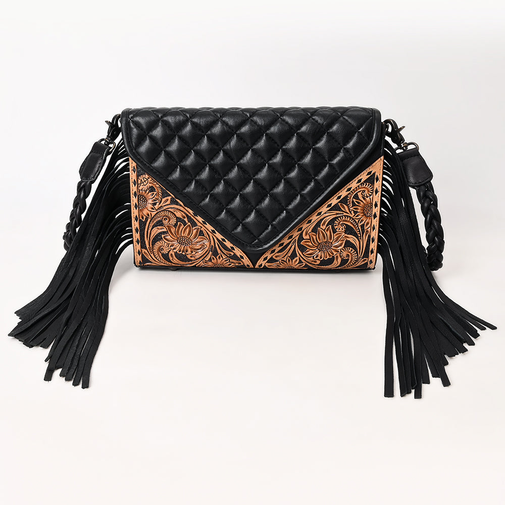 ADBG1678 Black Quilted Leather Fringe Wallet with Tooled Corners - American Darling