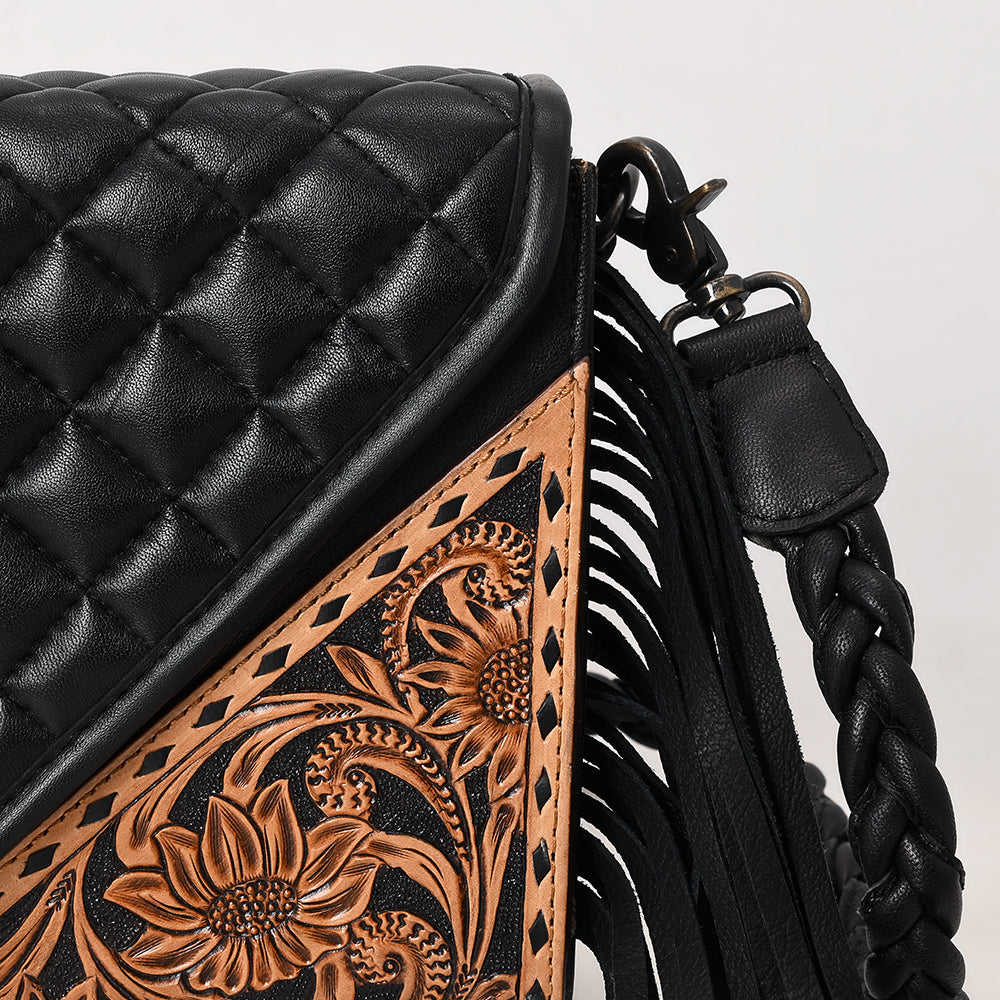ADBG1678 Black Quilted Leather Fringe Wallet with Tooled Corners - American Darling