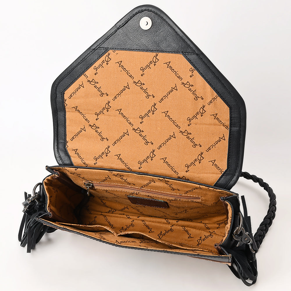 ADBG1678 Black Quilted Leather Fringe Wallet with Tooled Corners - American Darling