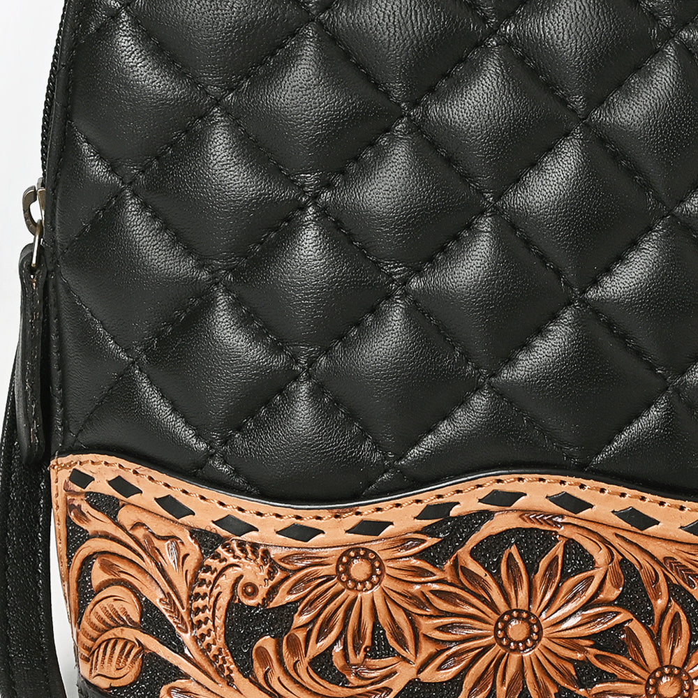 ADBG1679 Quilted Leather Crossbody Bag with Floral Tooled Border - American Darling