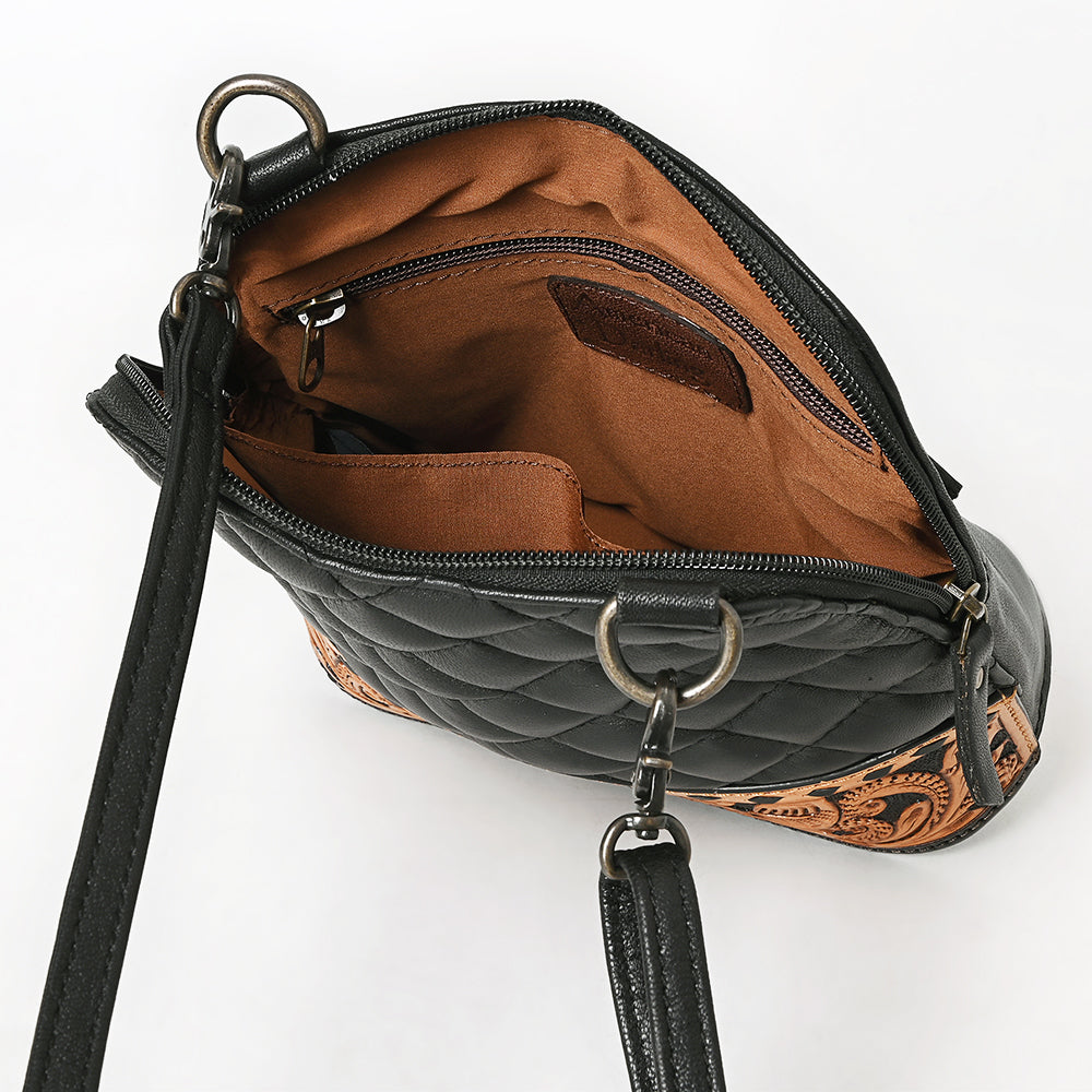 ADBG1679 Quilted Leather Crossbody Bag with Floral Tooled Border - American Darling