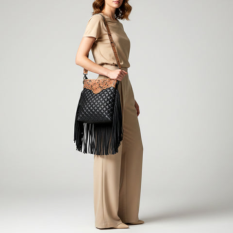 American Darling Black Large Quilted Crossbody | Hand-Tooled Leather Fringe Bag